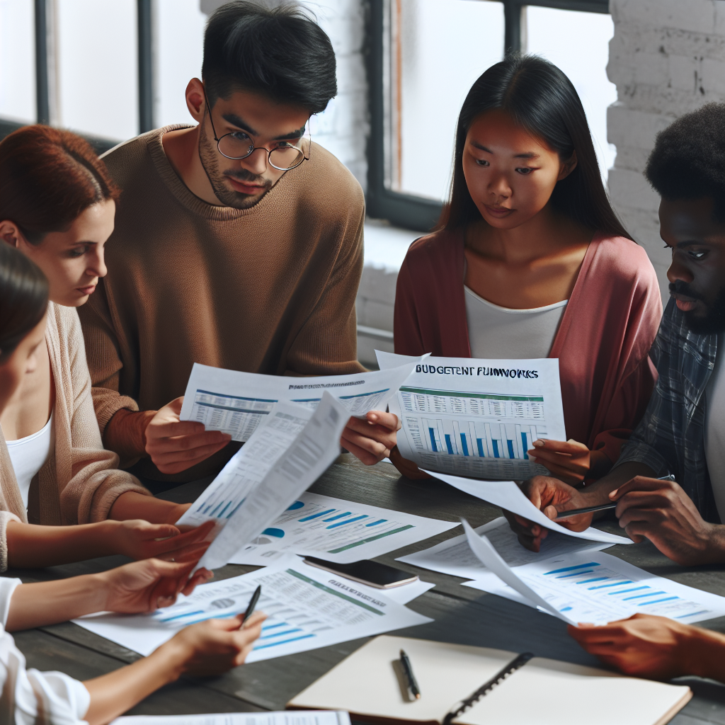 Small group workshop where financial coach guides participants through printed budgeting frameworks ensuring collaborative and responsible financial planning