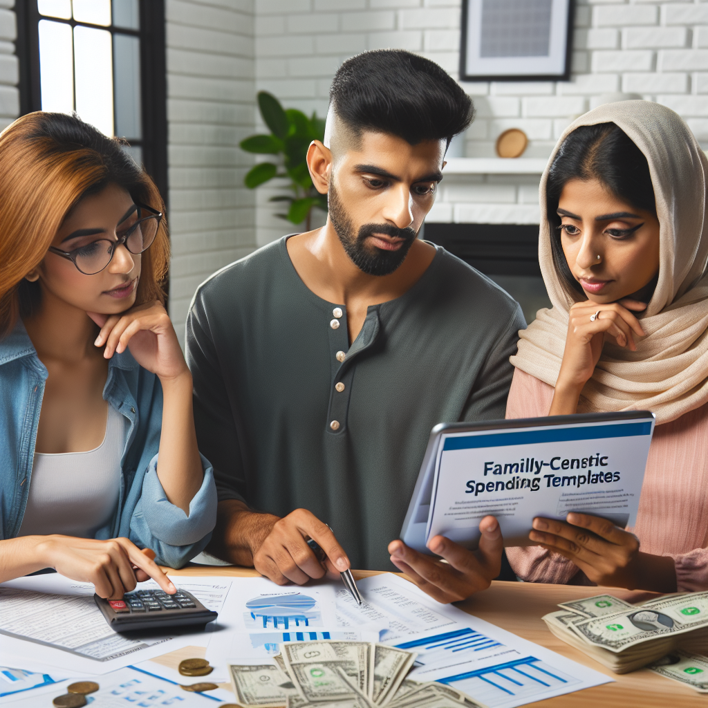 Financial planning coach presenting family-centric spending templates on a tablet while parents compare monthly budgets and prioritize emergency savings goals responsibly