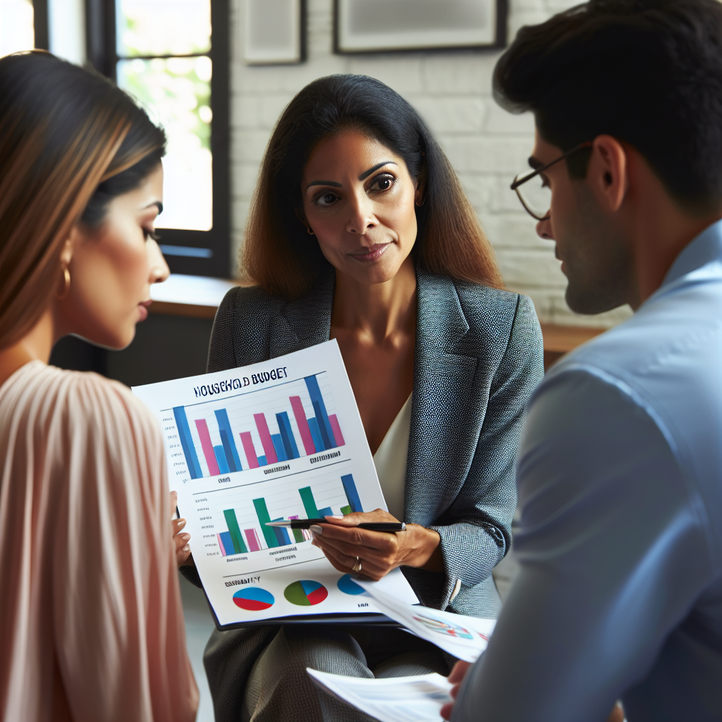 Professional financial advisor reviewing colorful household budget graphs with young couple to illustrate practical budgeting strategies focused on stability and emergency planning